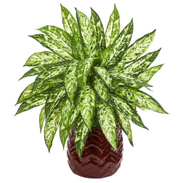 22 Aglonema Artificial Plant In Red Designer Vase 8391 By Nearly Natural