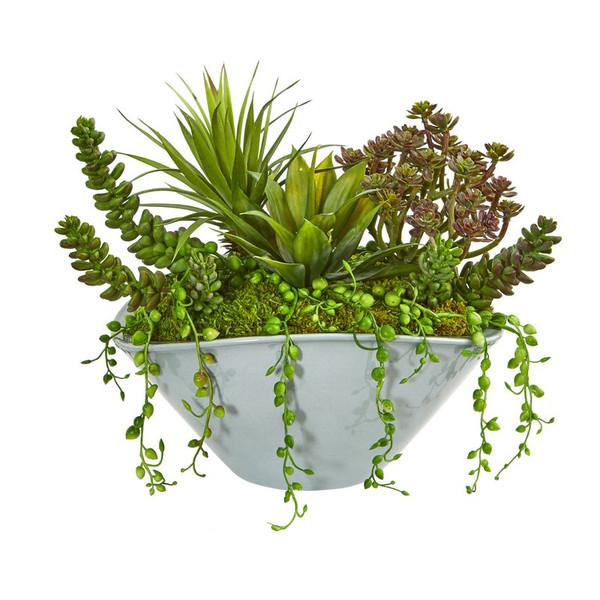 10 Succulent Garden Artificial Plant In Green Vase 8423 By Nearly Natural