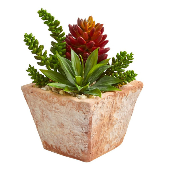 11 Mixed Succulents Artificial Plant In Terra Cotta Vase 8480 By Nearly Natural