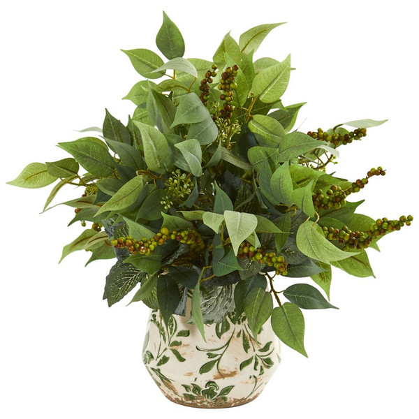 13 Mixed Ficus Fittonia And Berries Plant In Floral Vase 8549 By Nearly Natural