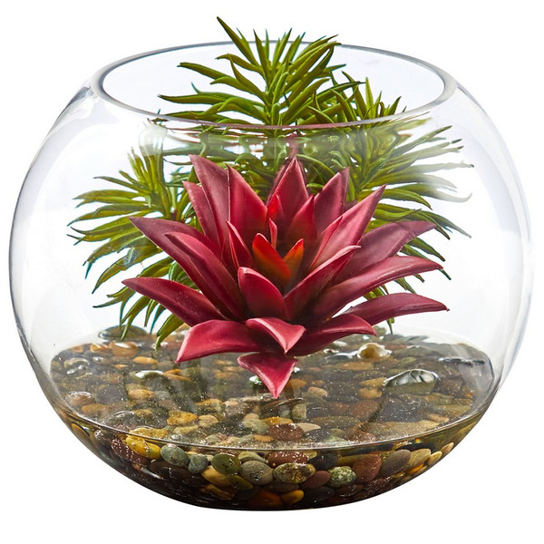 6 Mixed Succulent Artificial Plant In Round Glass Vase 8589 By Nearly Natural