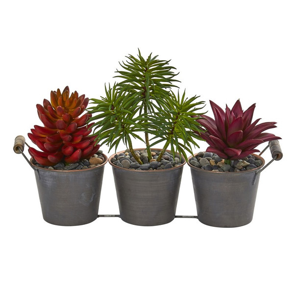 9 Mixed Succulent Artificial Plant In Triple Potted Planter 8598 By Nearly Natural
