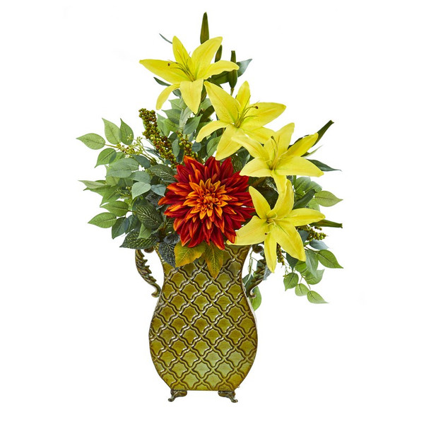 25 Dahlia Lily And Ficus Artificial Plant In Metal Planter 8790 By Nearly Natural