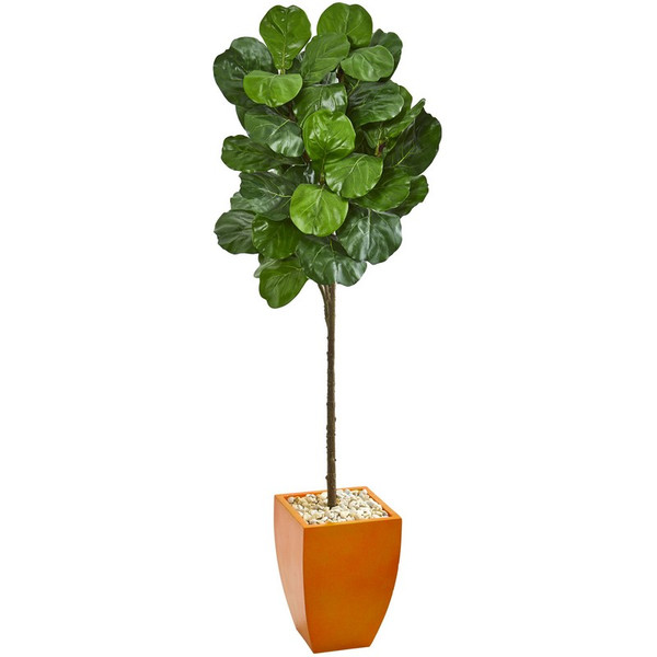 6 Fiddle Leaf Artificial Tree In Orange Planter 9260 By Nearly Natural