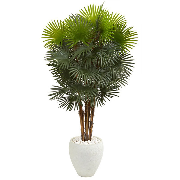 57 Fan Palm Artificial Tree In White Planter 9465 By Nearly Natural