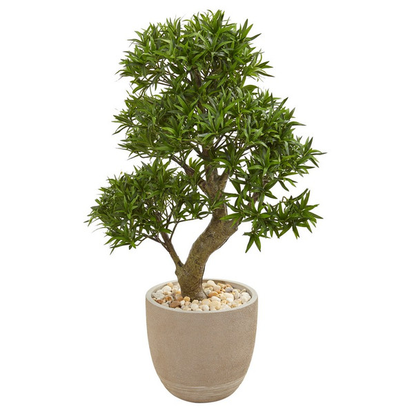40 Podocarpus Artificial Bonsai Tree In Sandstone Planter 9477 By Nearly Natural