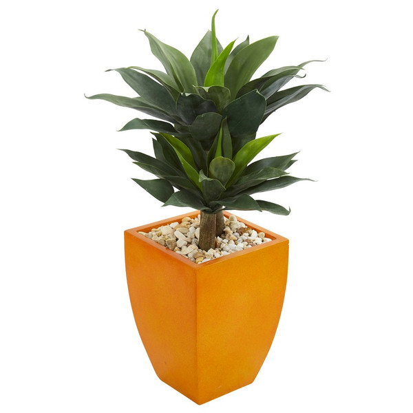 3 Double Agave Succulent Artificial Plant In Orange Planter 9518 By Nearly Natural