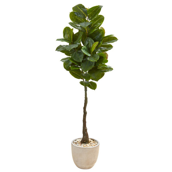 67 Rubber Leaf Tree In Sandstone Planter Real Touch 9580 By Nearly Natural