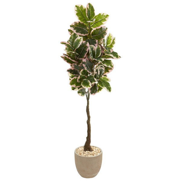 70 Variegated Rubber Tree In Sandstone Planter Real Touch 9674 By Nearly Natural
