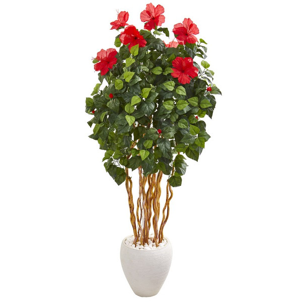 63 Hibiscus Artificial Tree In White Planter 9714 By Nearly Natural