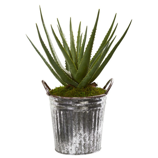 22 Aloe Artificial Plant In Vintage Metal Pail 9779 By Nearly Natural