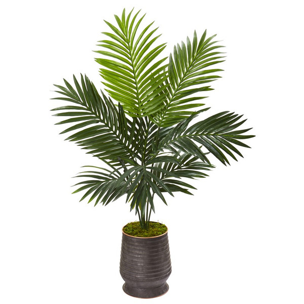 46 Kentia Artificial Palm Tree In Ribbed Metal Planter 9833 By Nearly Natural