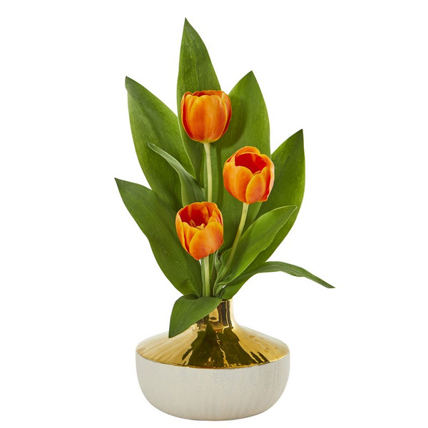 18 Tulip Arrangement In Gold And Cream Elegant Vase A1157 Og By Nearly Natural
