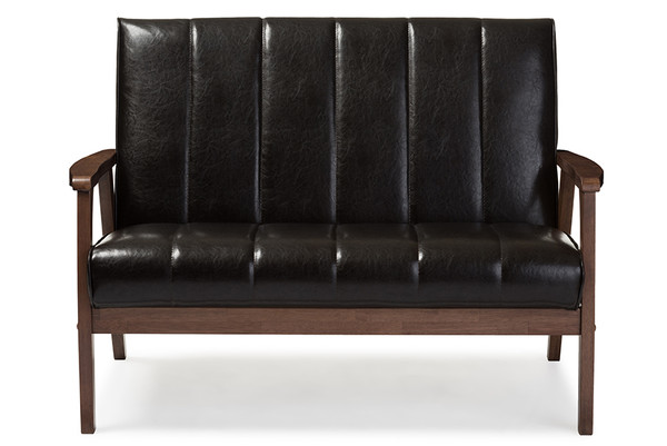 Baxton Studio Nikko Mid Century Modern Scandinavian Style Dark Brown Faux Leather Wooden 2 Seater Loveseat Bbt8011A2 Brown Loveseat By Wholesale Interiors