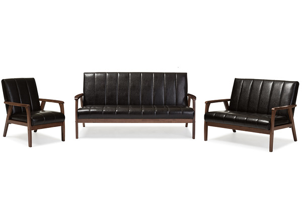 Baxton Studio Nikko Mid Century Modern Scandinavian Style Dark Brown Faux Leather 3 Pieces Living Room Sets Bbt8011A2 Brown 3Pc Set By Wholesale Interiors