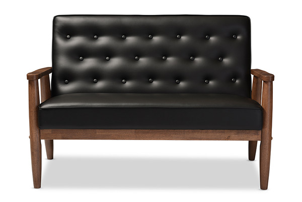 Baxton Studio Sorrento Mid Century Retro Modern Black Faux Leather Upholstered Wooden 2 Seater Loveseat Bbt8013 Black Loveseat By Wholesale Interiors