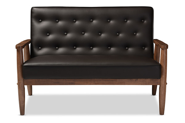 Baxton Studio Sorrento Mid Century Retro Modern Brown Faux Leather Upholstered Wooden 2 Seater Loveseat Bbt8013 Brown Loveseat By Wholesale Interiors