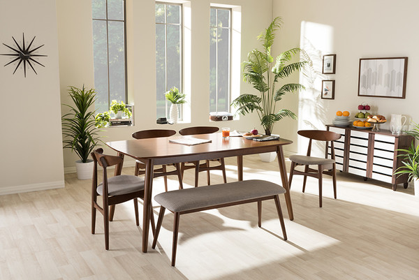 Baxton Studio Flora Mid Century Modern Light Grey Fabric And Oak Medium Brown Finishing Wood 6 Piece Dining Set Flora Medium Oak 6Pc Dining Set By Wholesale Interiors