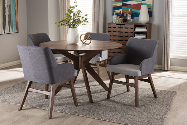 Baxton Studio Monte Mid Century Modern Walnut Wood Round 5 Piece Dining Set Monte Dark Grey Walnut 5Pc Dining Set By Wholesale Interiors