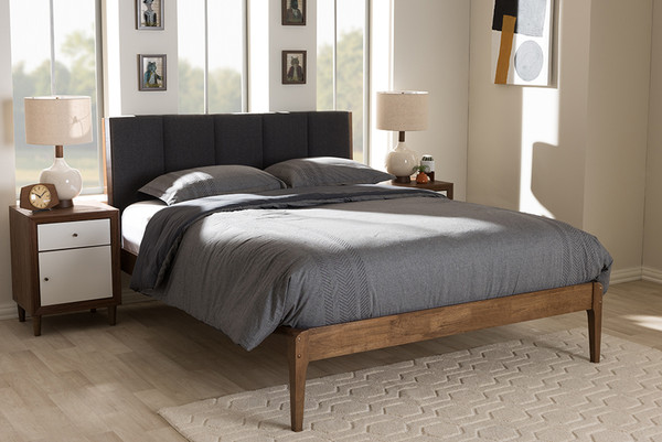 Baxton Studio Ember Mid Century Dark Grey Fabric And Medium Brown Finish Wood King Size Platform Bed Sw8063 Grey Walnut M7 King By Wholesale Interiors