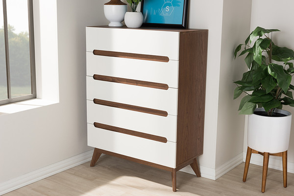 Baxton Studio Calypso Mid Century Modern White And Walnut Wood 5 Drawer Storage Chest Calypso Walnut White 5Dw Chest By Wholesale Interiors