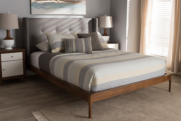 Baxton Studio Brooklyn Mid Century Modern Walnut Wood Grey Fabric Queen Size Platform Bed Bbt6653 Grey Queen Xd45 By Wholesale Interiors
