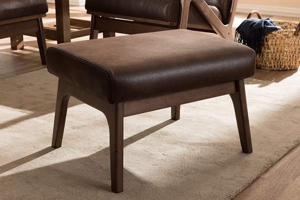 Baxton Studio Bianca Mid Century Modern Walnut Wood Dark Brown Distressed Faux Leather Ottoman Bianca Dark Brown Walnut Brown Otto By Wholesale Interiors