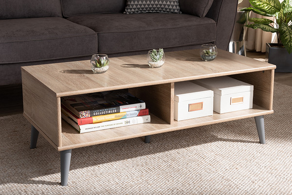Baxton Studio Pierre Mid Century Modern Oak And Light Grey Finished Wood Coffee Table Secft3001 Hana Oak Light Grey Ct By Wholesale Interiors
