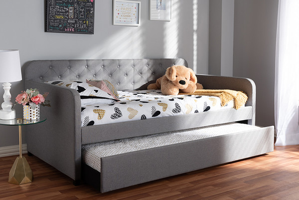 Baxton Studio Camelia Modern And Contemporary Grey Fabric Upholstered Button Tufted Twin Size Sofa Daybed With Roll Out Trundle Guest Bed Camelia Light Grey Daybed By Wholesale Interiors