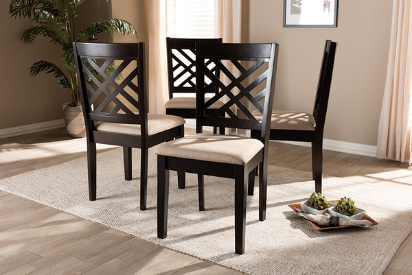 Baxton Studio Caron Modern And Contemporary Sand Fabric Upholstered Espresso Brown Finished Wood Dining Chair Set Of 4 Rh317C Sand Dark Brown Dc 4Pk By Wholesale Interiors