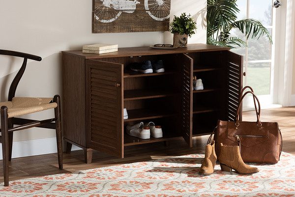 Baxton Studio Coolidge Modern And Contemporary Walnut Finished 8 Shelf Wood Shoe Storage Cabinet Fp 04Lv Walnut By Wholesale Interiors