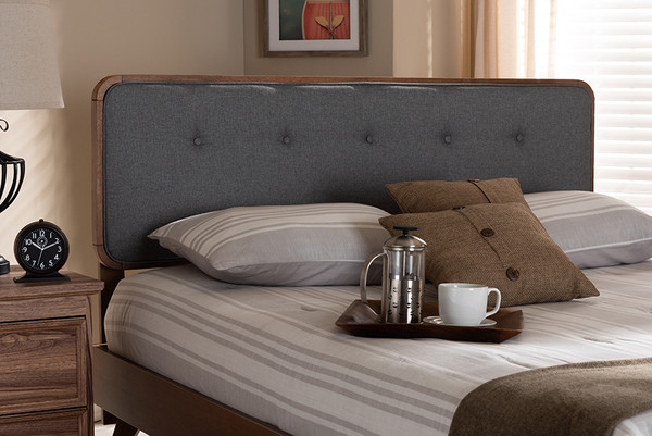 Baxton Studio Palina Mid Century Modern Dark Grey Fabric Upholstered Walnut Brown Finished Wood Queen Size Headboard Mg3000Pc Dark Grey Ash Walnut Hb Queen By Wholesale Interiors