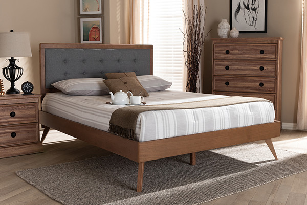 Baxton Studio Ines Mid Century Modern Dark Grey Fabric Upholstered Walnut Brown Finished Wood King Size Platform Bed Ines Dark Grey Ash Walnut King By Wholesale Interiors