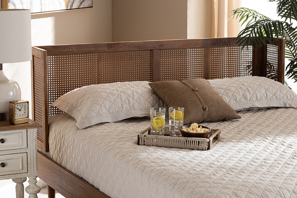 Baxton Studio Rina Mid Century Modern Ash Wanut Finished Wood And Synthetic Rattan Full Size Wrap Around Headboard Mg97151 Ash Walnut Rattan Full Headboard By Wholesale Interiors