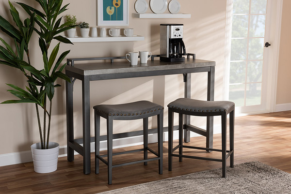Baxton Studio Noll Modern And Contemporary Grey Fabric Upholstered 3 Piece Multipurpose Metal Counter Table Set 8718P Grey Black 3Pc Pub Set By Wholesale Interiors