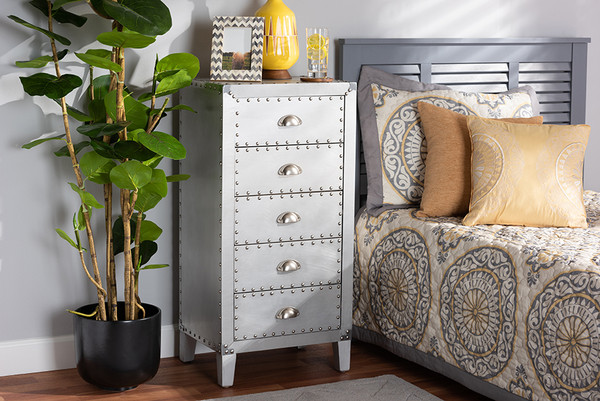 Baxton Studio Carel French Industrial Silver Metal 5 Drawer Accent Storage Cabinet Ld18B054 Silver 5Dw Cabinet By Wholesale Interiors