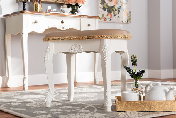 Baxton Studio Gabrielle Traditional French Country Provincial Sand Velvet Fabric Upholstered White Finished Wood Vanity Ottoman Hl6B A012 White Otto By Wholesale Interiors