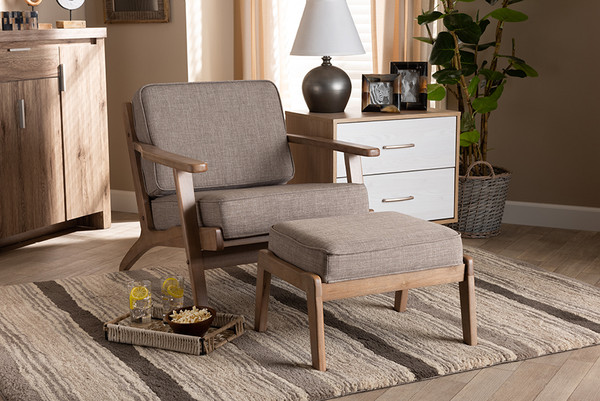 Baxton Studio Sigrid Mid Century Modern Light Grey Fabric Upholstered Antique Oak Finished 2 Piece Wood Armchair And Ottoman Set Sigrid Light Grey Antique Oak 2Pc Set By Wholesale Interiors