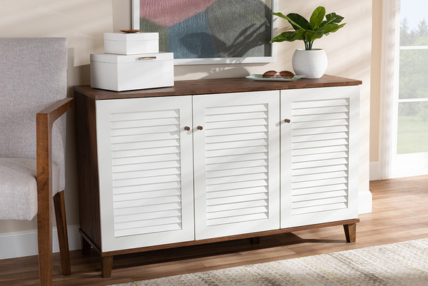 Baxton Studio Coolidge Modern And Contemporary Walnut Finished 8 Shelf Wood Shoe Storage Cabinet Fp 04Lv Walnut White By Wholesale Interiors