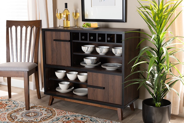 Baxton Studio Margo Mid Century Modern Two Tone Walnut Brown And Black Finished Wood Wine Storage Cabinet Rt676 Occ Walnut Black Cabinet By Wholesale Interiors