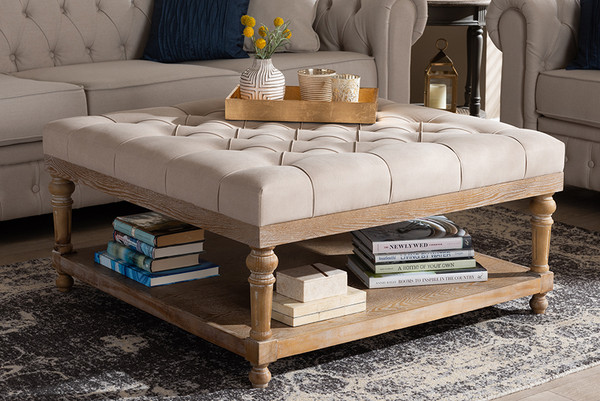 Baxton Studio Kelly Modern And Rustic Beige Linen Fabric Upholstered And Greywashed Wood Cocktail Ottoman Jy 0001 Beige Greywashed Otto By Wholesale Interiors