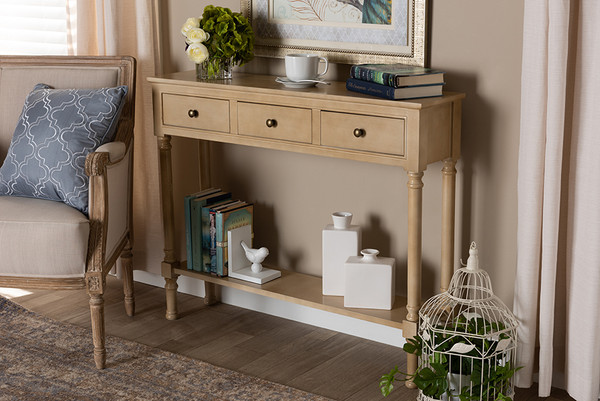 Baxton Studio Calvin Classic And Traditional French Farmhouse Oak Brown Finished Wood 3 Drawer Entryway Console Table Werpl 01 Brown Console By Wholesale Interiors