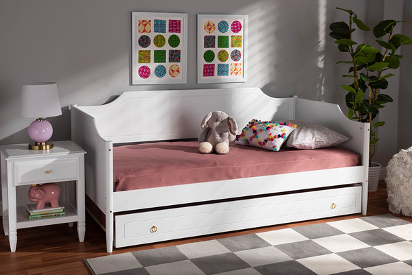 Baxton Studio Alya Classic Traditional Farmhouse White Finished Wood Twin Size Daybed With Roll Out Trundle Bed Mg0016 1 White Daybed With Trundle By Wholesale Interiors