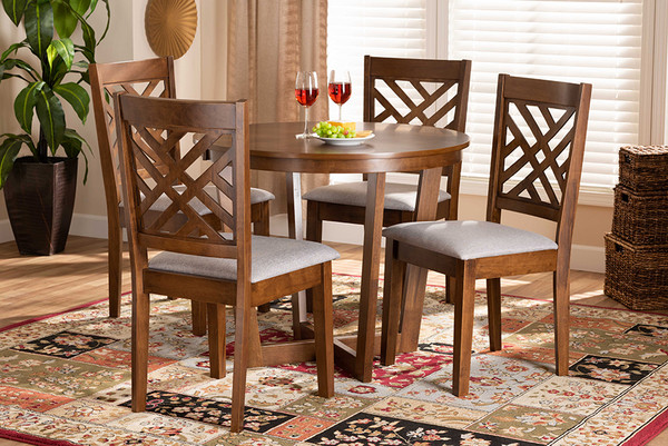 Baxton Studio Alena Modern And Contemporary Grey Fabric Upholstered And Walnut Brown Finished Wood 5 Piece Dining Set Alena Grey Walnut 5Pc Dining Set By Wholesale Interiors