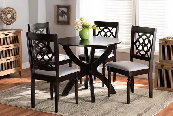 Baxton Studio Tonia Modern And Contemporary Grey Fabric Upholstered And Dark Brown Finished Wood 5 Piece Dining Set Tonia Grey Dark Brown 5Pc Dining Set By Wholesale Interiors