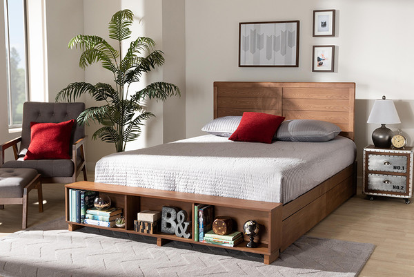 Baxton Studio Alba Modern Transitional Ash Walnut Brown Finished Wood Queen Size 4 Drawer Platform Storage Bed With Built In Shelves Alba Ash Walnut Queen By Wholesale Interiors