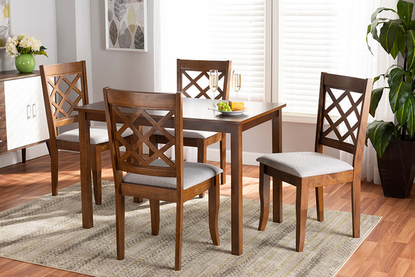 Baxton Studio Sari Modern And Contemporary Grey Fabric Upholstered And Walnut Brown Finished Wood 5 Piece Dining Set Sari Grey Walnut 5Pc Dining Set By Wholesale Interiors