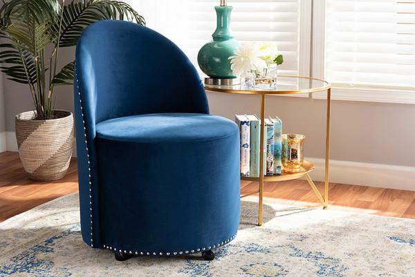 Baxton Studio Bethel Glam And Luxe Navy Blue Velvet Fabric Upholstered Rolling Accent Chair Ws 52226 Navy Blue Velvet Cc By Wholesale Interiors