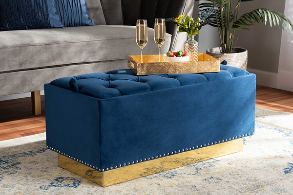 Baxton Studio Powell Glam And Luxe Navy Blue Velvet Fabric Upholstered And Gold Pu Leather Storage Ottoman Ws 2019 Navy Blue Velvet Gold Otto By Wholesale Interiors