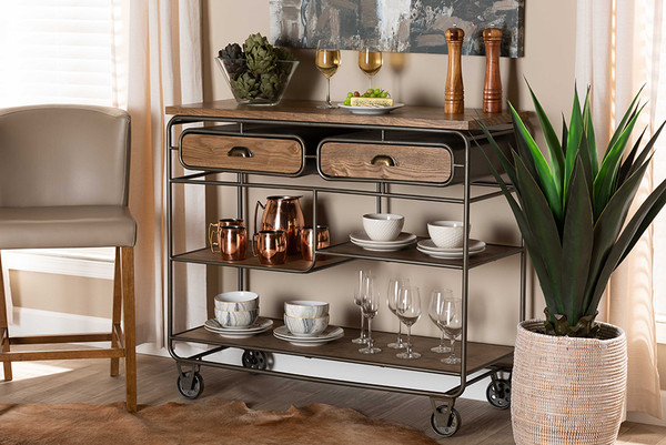 Baxton Studio Grant Vintage Rustic Industrial Oak Brown Finished Wood And Black Finished Metal 2 Drawer Kitchen Cart Jy20A069 Oak Cart By Wholesale Interiors